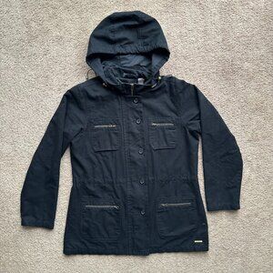 Liz Claiborne Jacket Womens Large Hood Full Zip Black Canvas Pockets Light